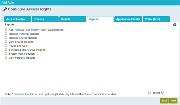 Configure Access Rights Reports tab