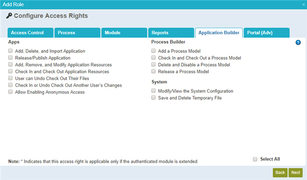 Configure Access Rights Application Builder tab