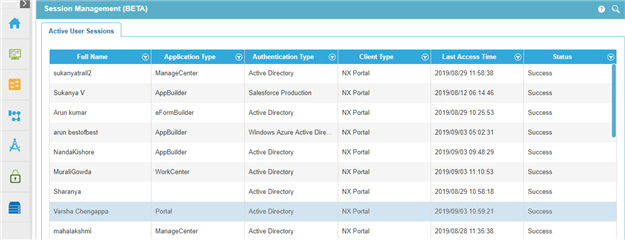 Session Management screen