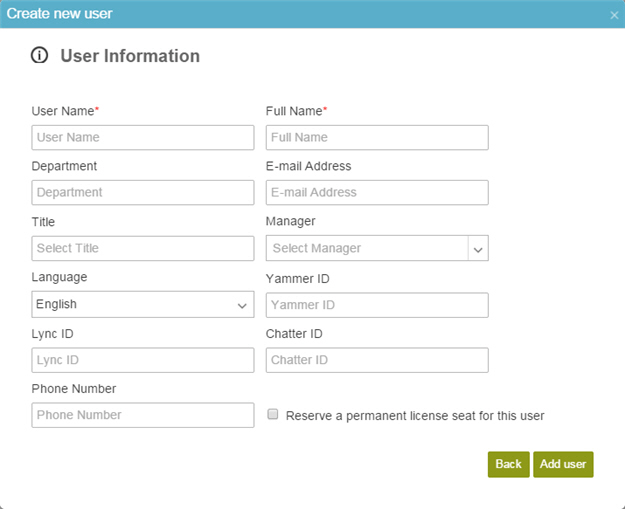 User Information screen