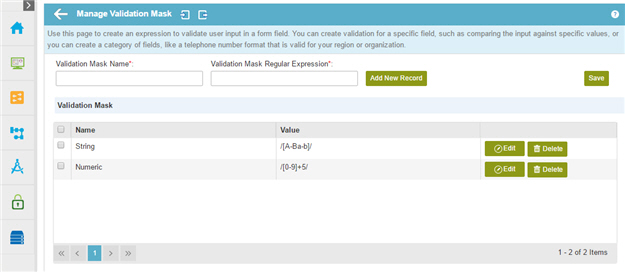 Manage Validation Mask screen