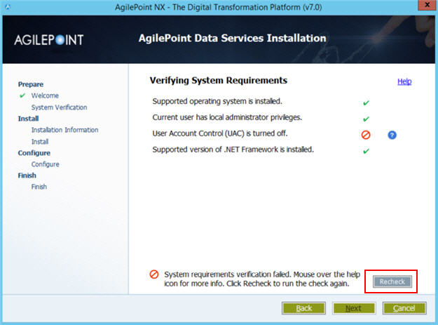 Verifying System Requirements Error screen AgilePoint Data Services