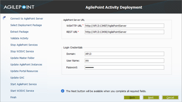 AgilePoint Activity Deployment screen