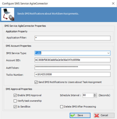 Configure SMS Service AgileConnector Twlio screen