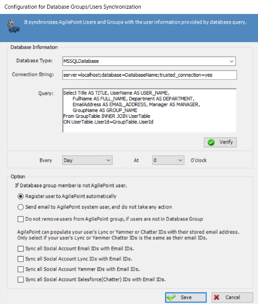 Configuration for Database Groups or Users Synchronization screen