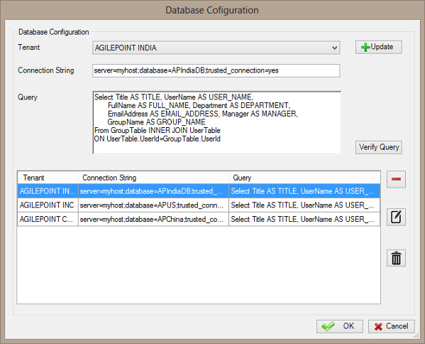 Database Configuration screen