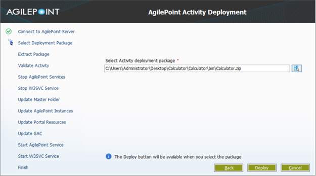 Select Activity Deployment Package screen