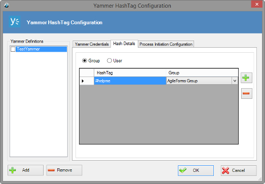 Yammer HashTag Configuration Hash Details tab
