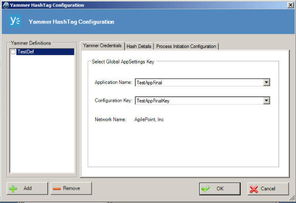 Yammer HashTag Configuration Yammer Credentials tab