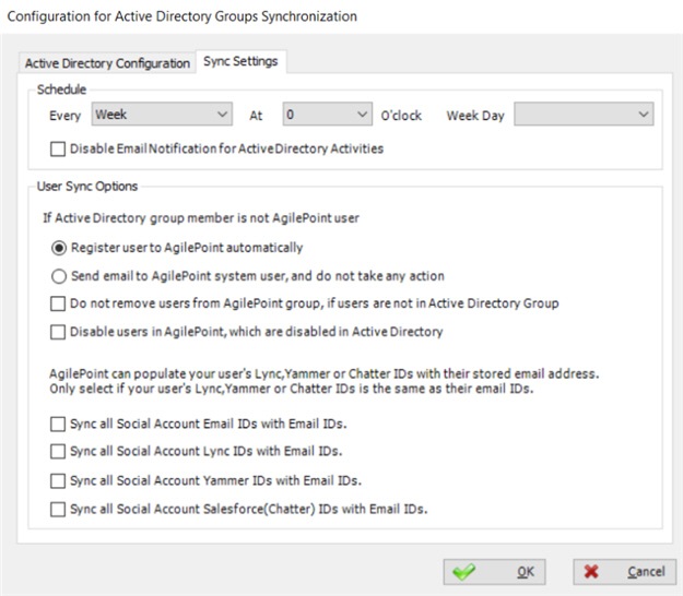 Configuration for Active Directory Groups Synchronization Sync Settings tab