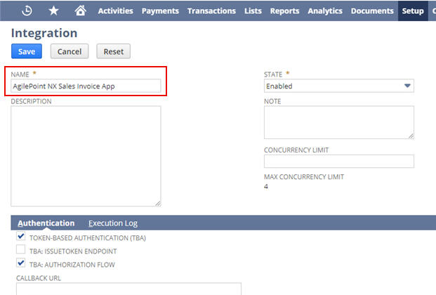 Oracle NetSuite Integration screen