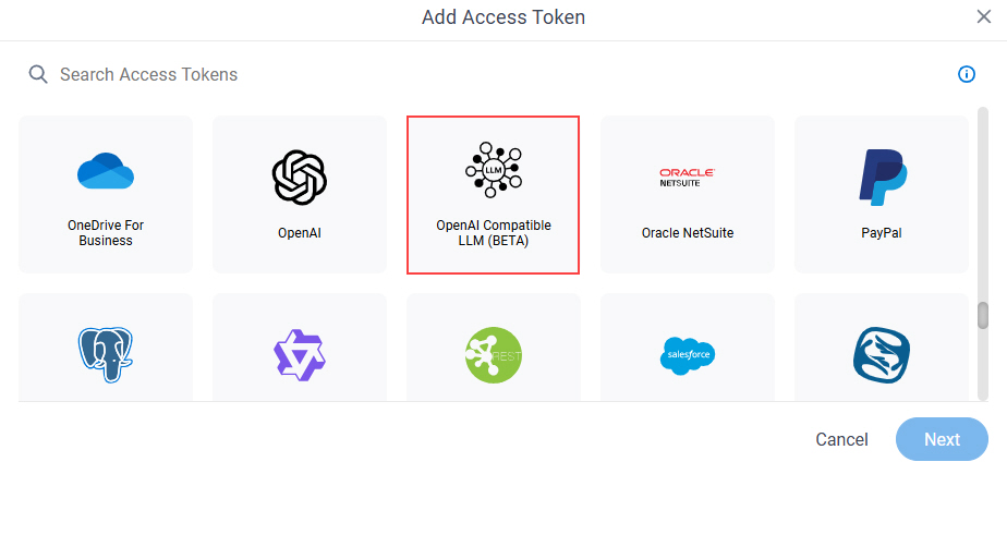 Select OpenAI Compatible LLM Access Token