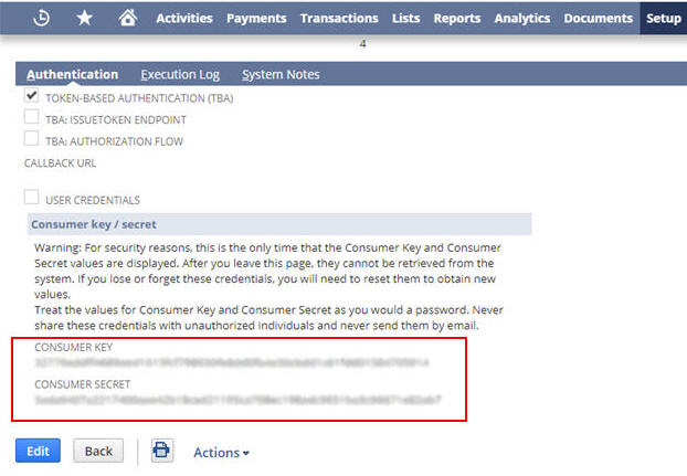 Oracle NetSuite Integration screen