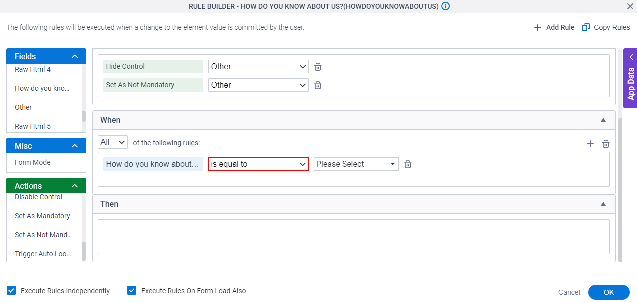 Rule Builder screen