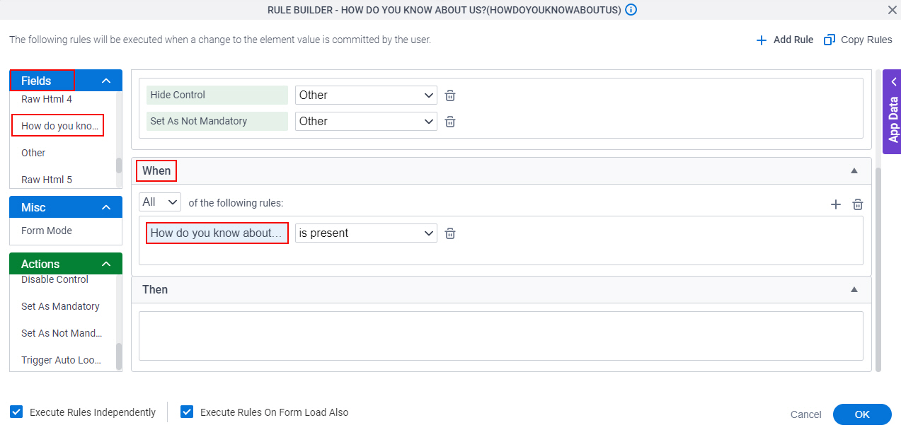 Rule Builder screen