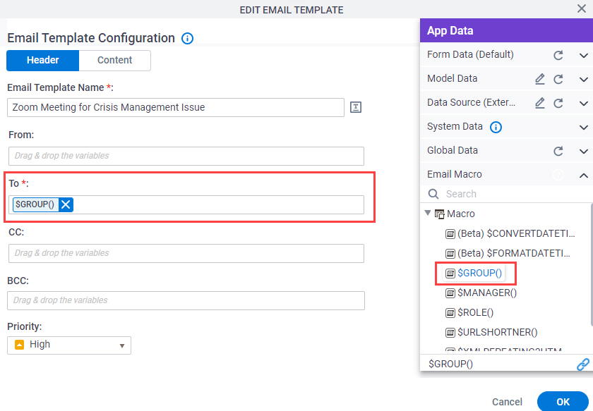Email Template Configuration screen