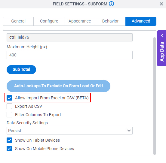 Select Allow Import From Excel or CSV