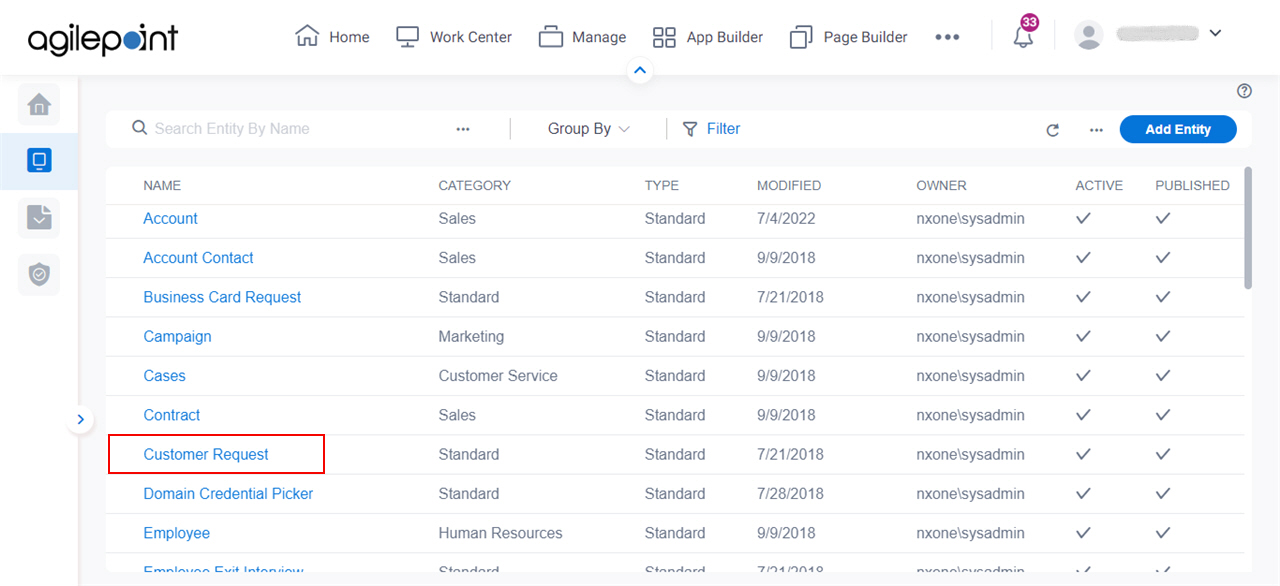 Click Customer Request Entity