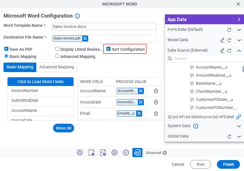 Microsoft Word Configuration screen