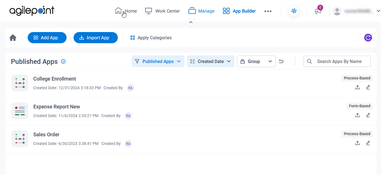 Published Apps screen