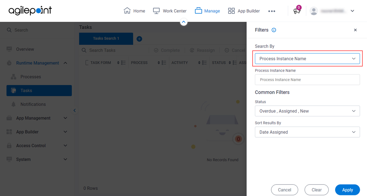 Select Search By Process Instance Name