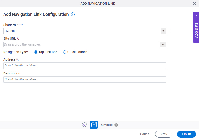 Add Navigation Link Configuration screen