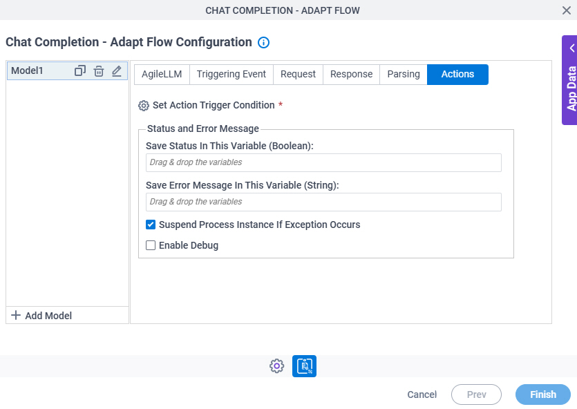 Chat Completion Adapt Flow Configuration Actions tab