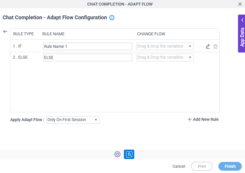 Chat Completion Adapt Flow Configuration Actions tab Set Action Trigger Condition screen