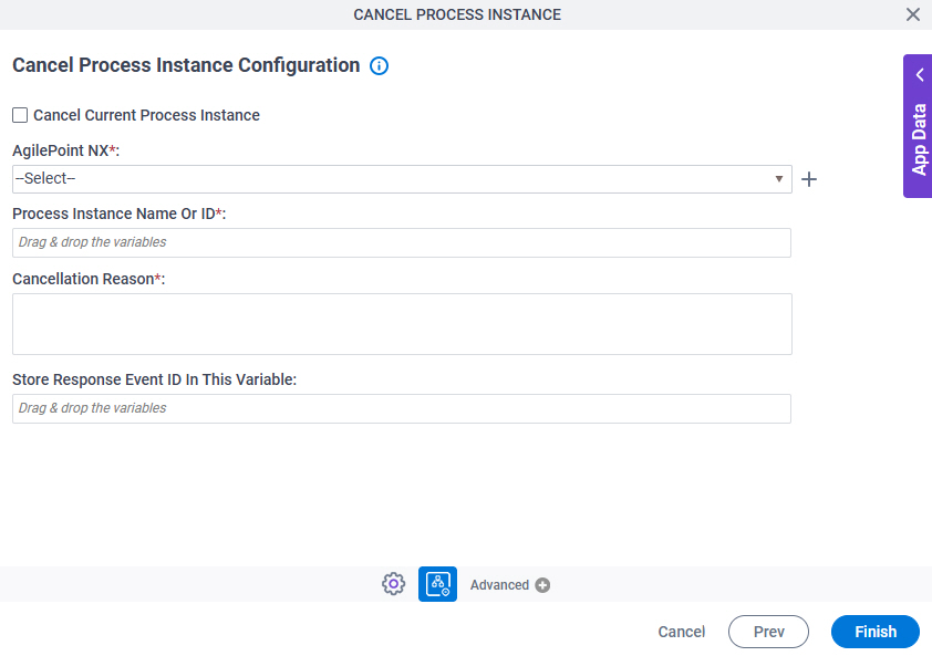 Cancel Process Instance Configuration screen