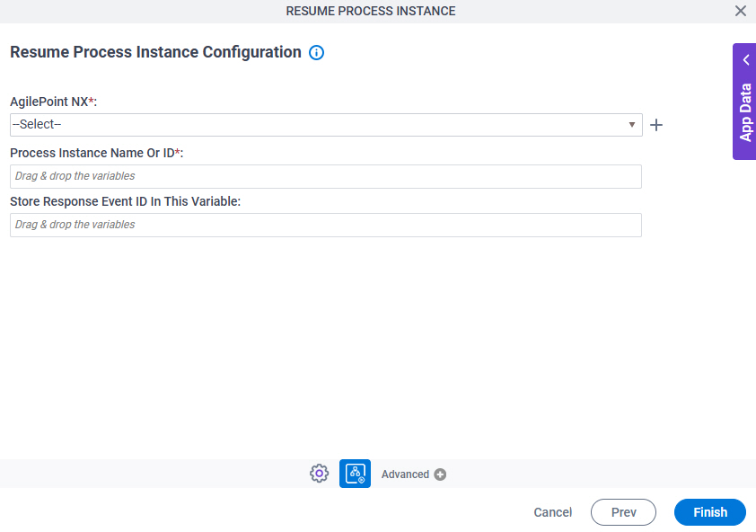 Resume Process Instance Configuration screen