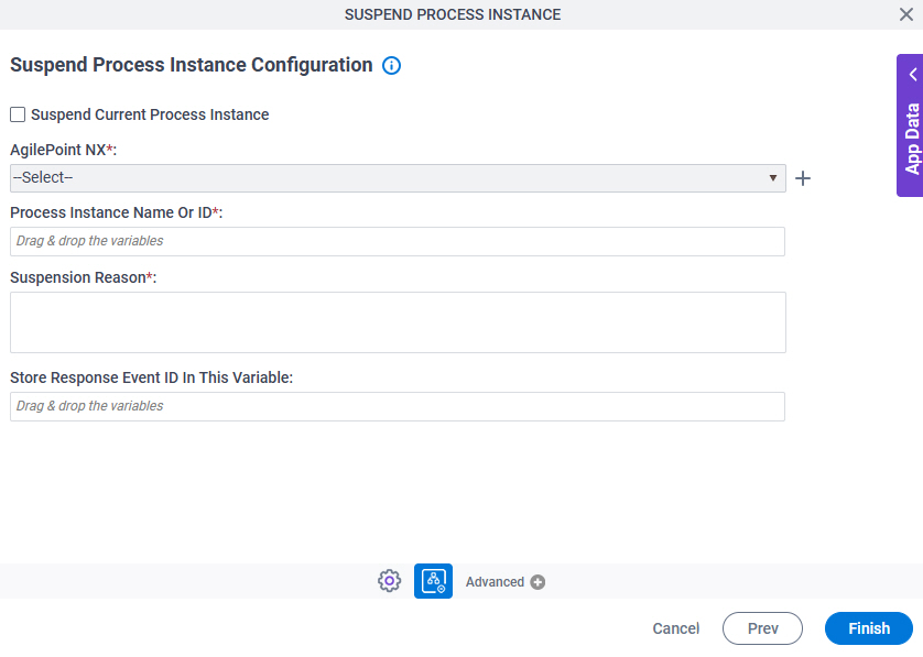 Suspend Process Instance Configuration screen