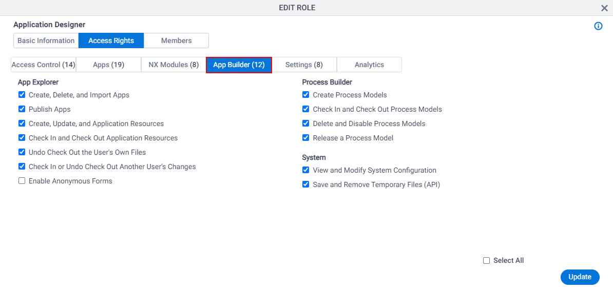 Application Builder screen
