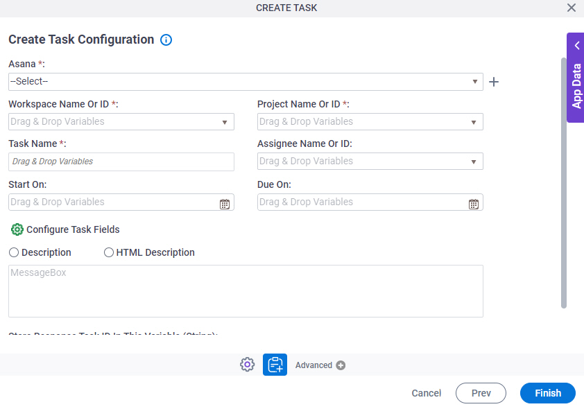 Create Task Configuration screen