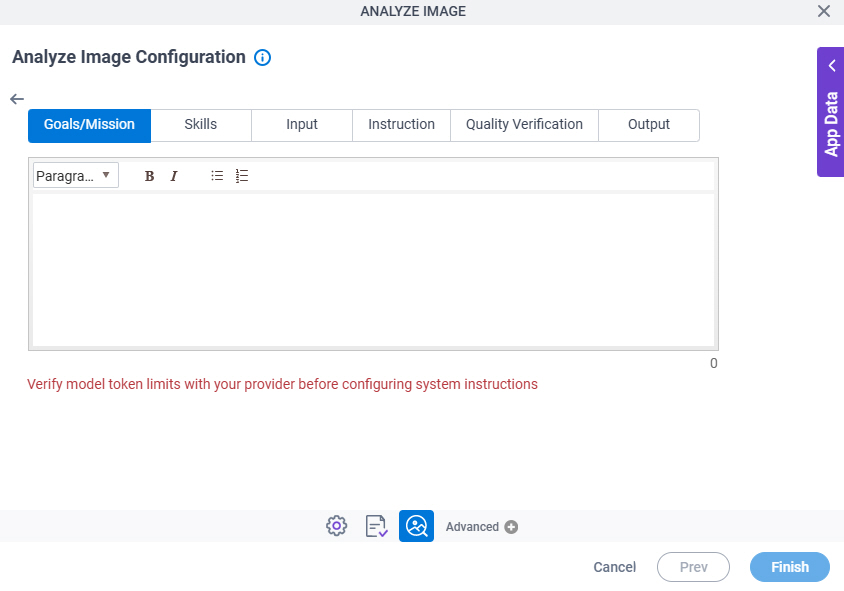Analyze Image Configuration System Instruction Goals Mission tab