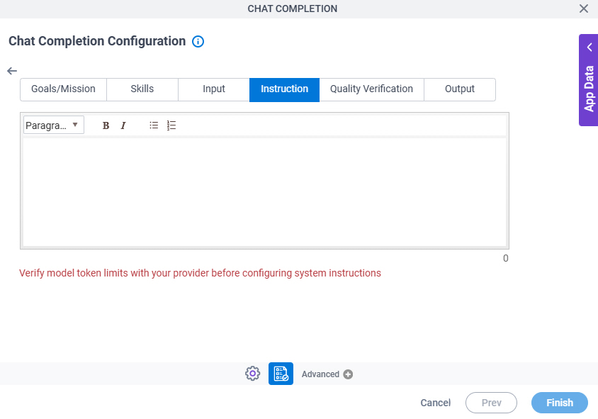 Chat Completion Configuration System Instruction Instruction tab