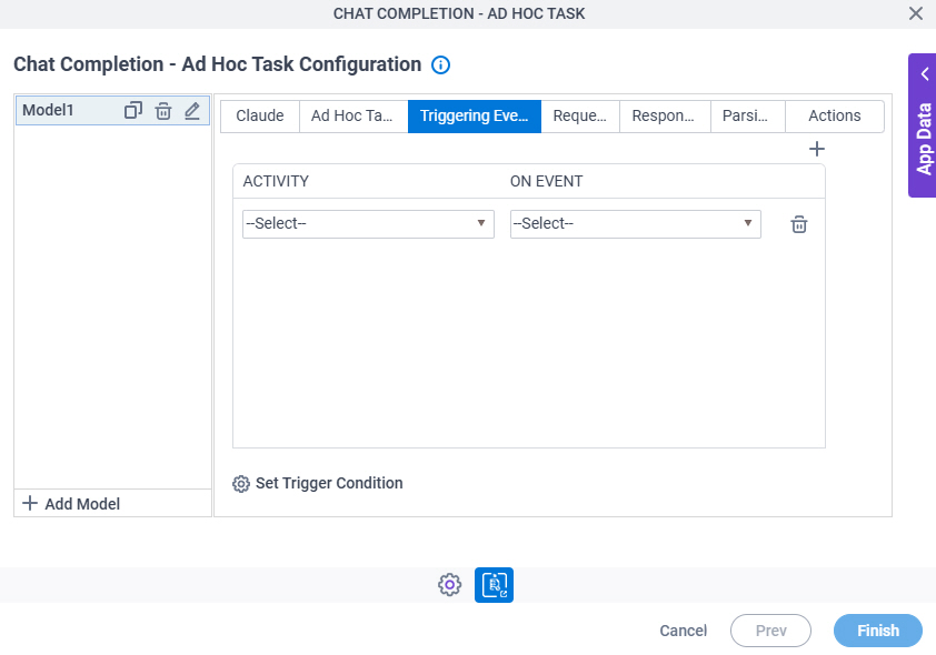Chat Completion Ad Hoc Task Configuration Triggering Event tab