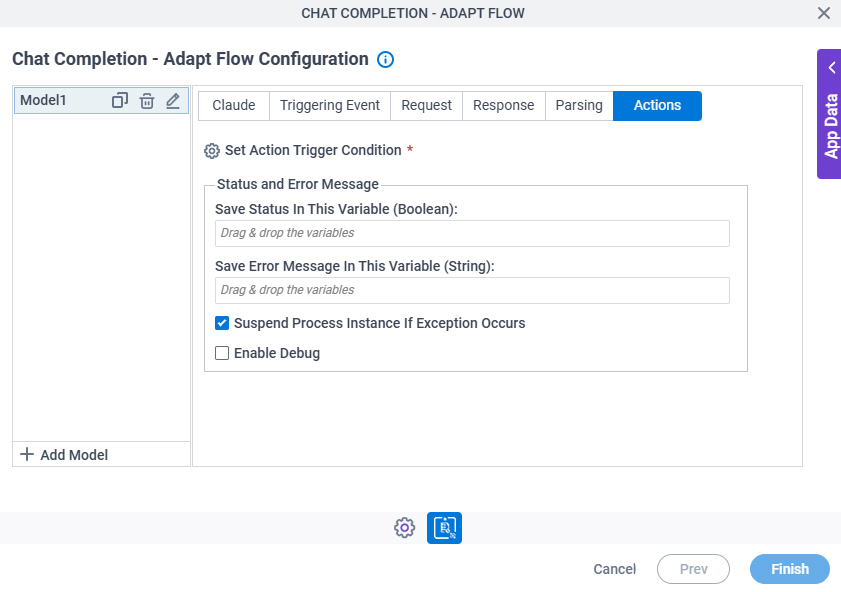 Chat Completion Adapt Flow Configuration Actions tab