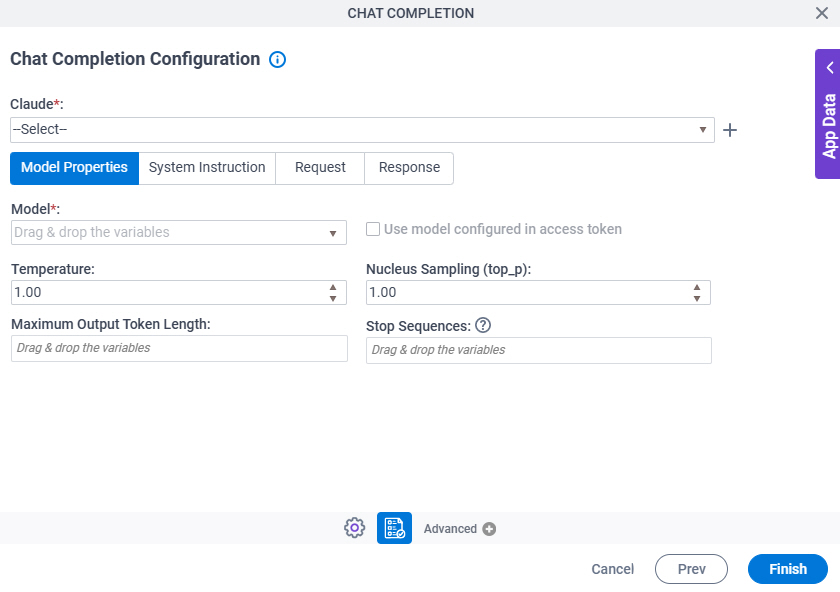 Chat Completion Configuration Model Properties tab