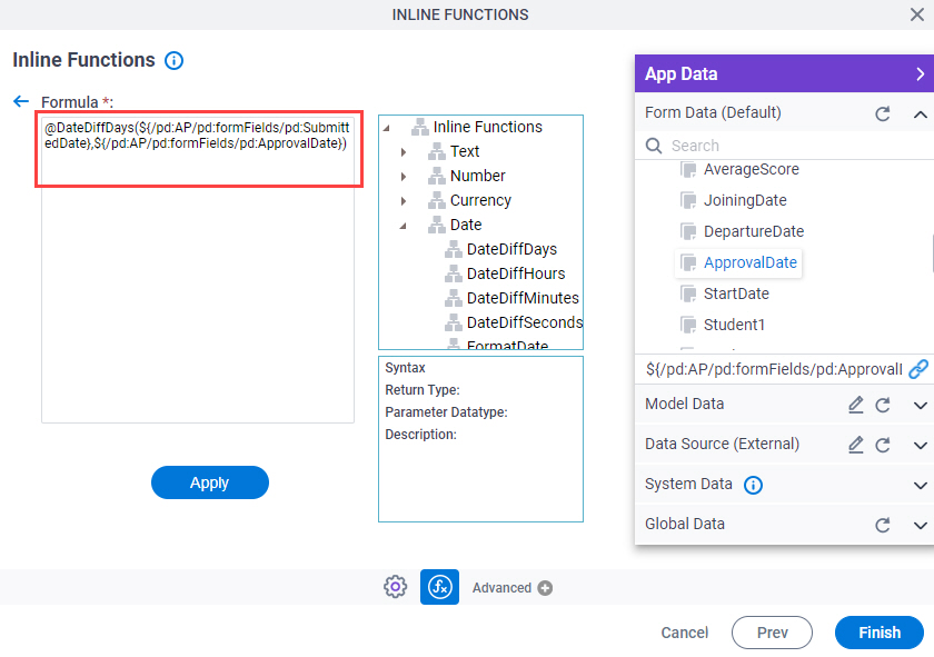 Inline Functions screen Variables