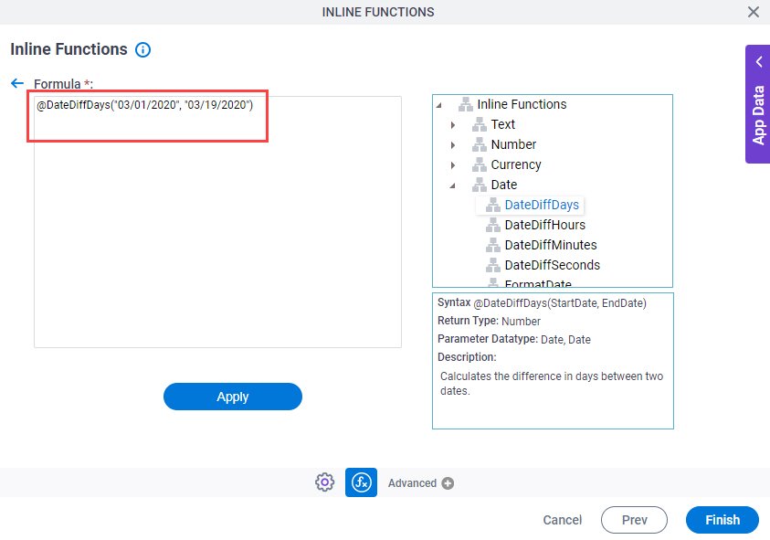 Inline Functions screen
