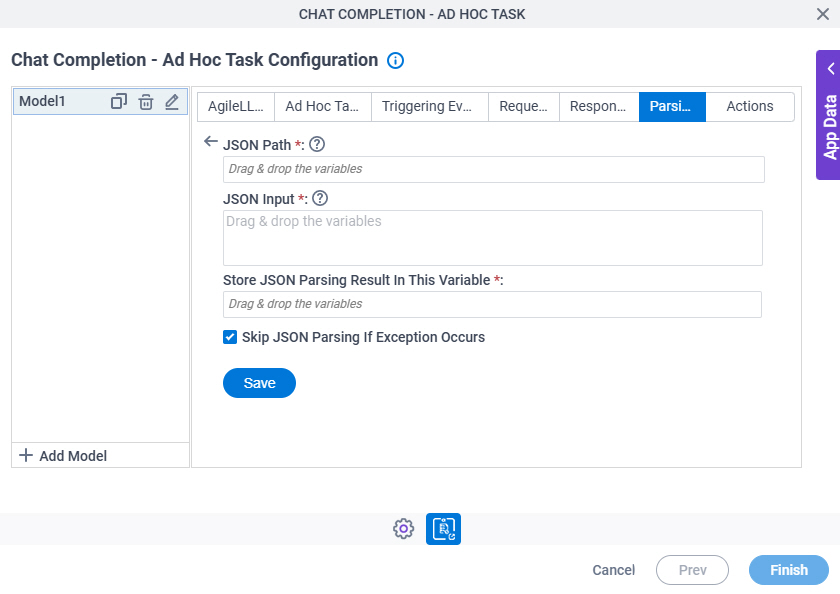 Chat Completion Configuration Ad Hoc Task Parsing JSON Parsing screen