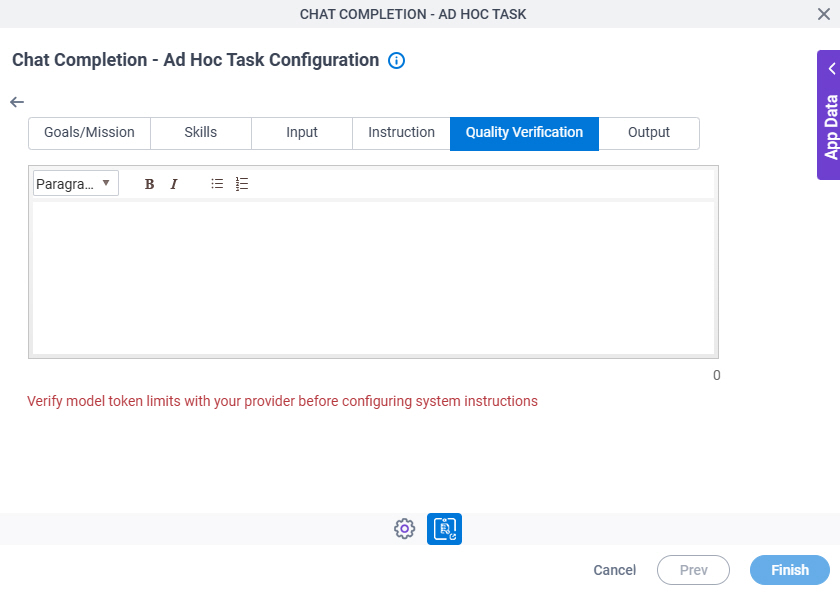 Chat Completion Ad Hoc Task Configuration System Instruction Quality Verification tab