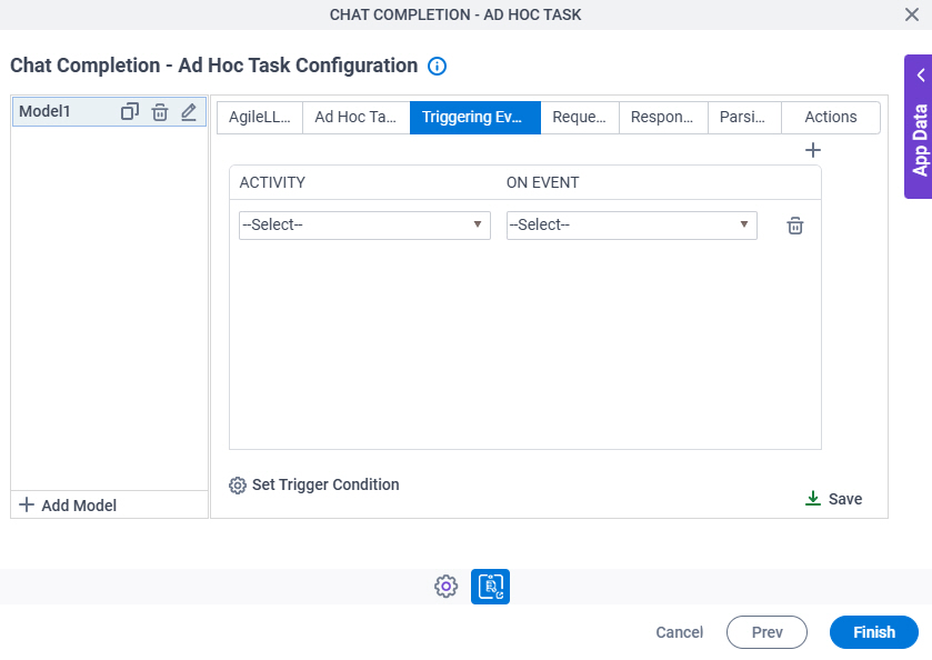 Chat Completion Ad Hoc Task Configuration Triggering Event tab