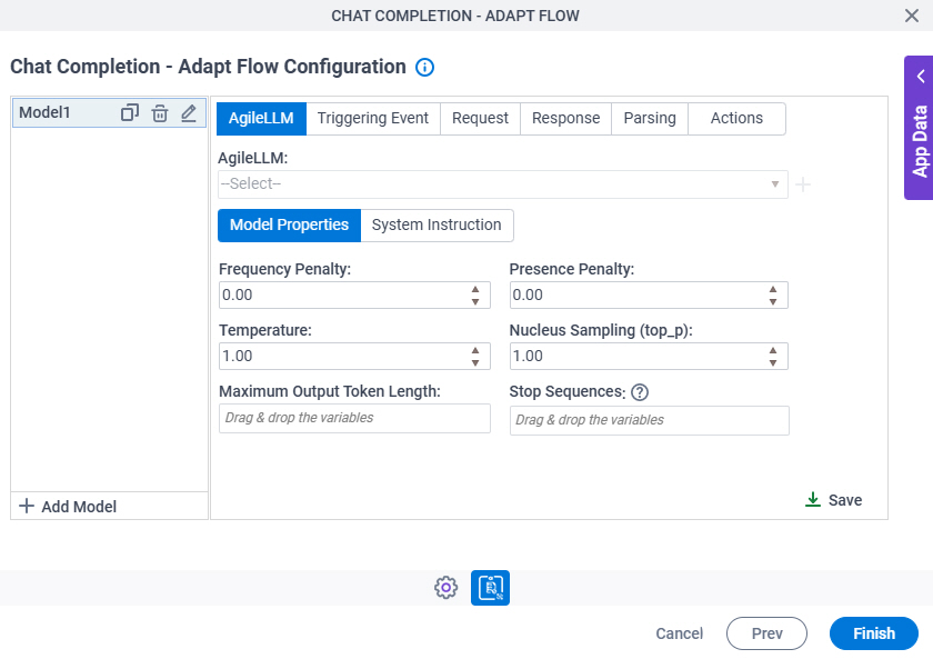 Chat Completion Configuration AgileLLM Model Properties tab