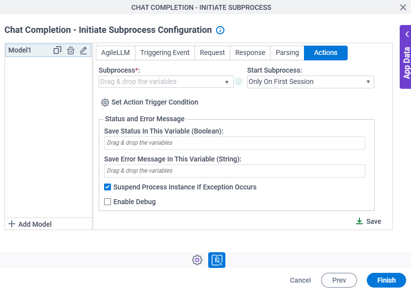 Chat Completion Initiate Subprocess Configuration Actions tab