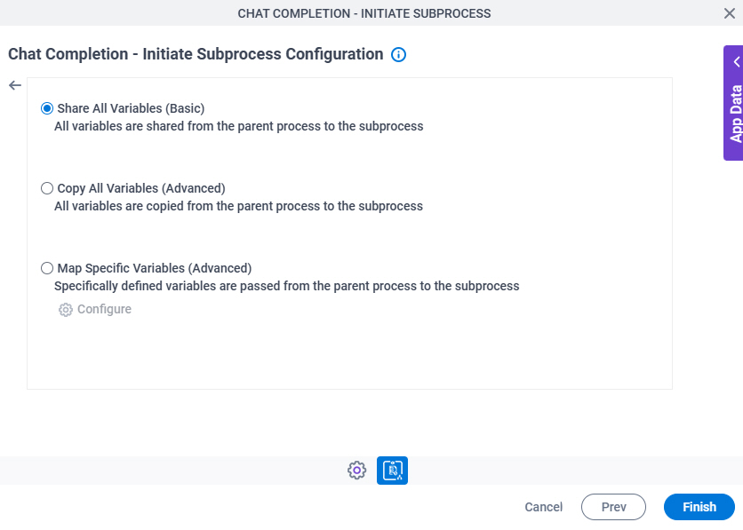 Chat Completion Initiate Subprocess Configuration Actions tab Mapping Variables screen