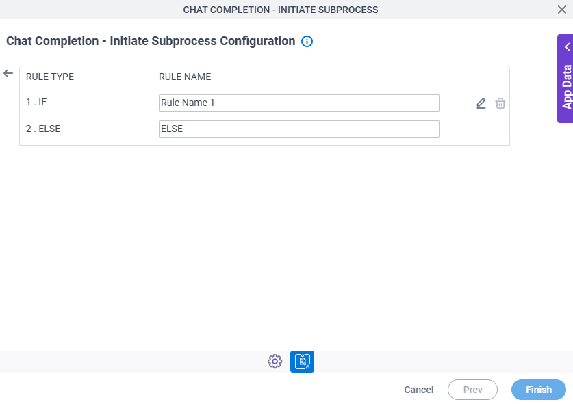 Chat Completion Initiate Subprocess Configuration Actions tab Set Action Trigger Condition screen
