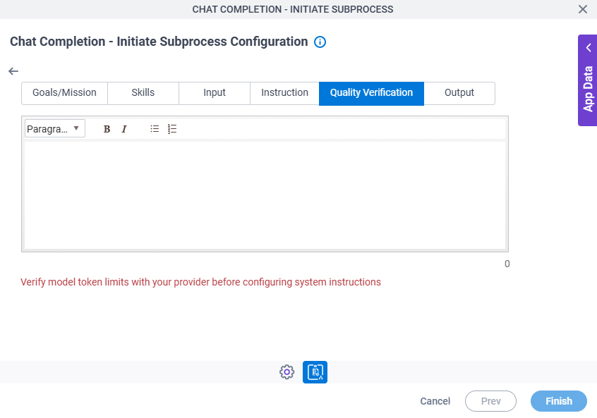Chat Completion Initiate Subprocess Configuration System Instruction Quality Verification tab