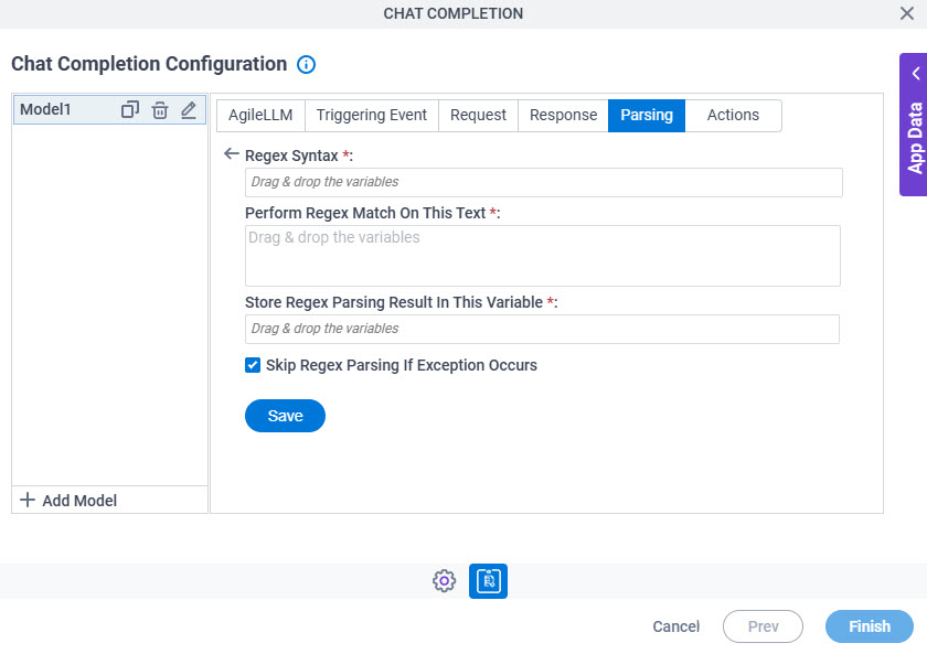 Chat Completion Configuration Parsing Regex Parsing screen