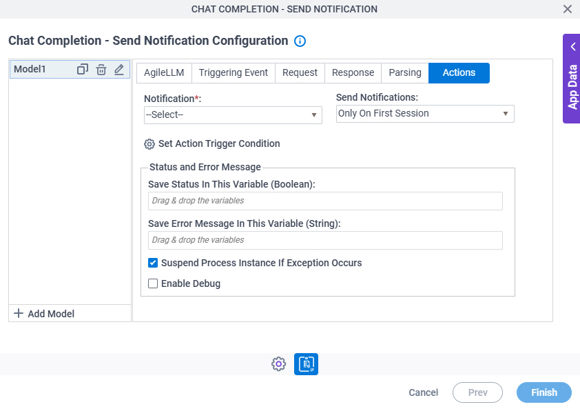 Chat Completion Send Notification Configuration Actions tab